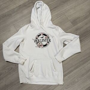 Hollister California Womens White Floral Logo Pullover Hoodie Sweatshirt Medium